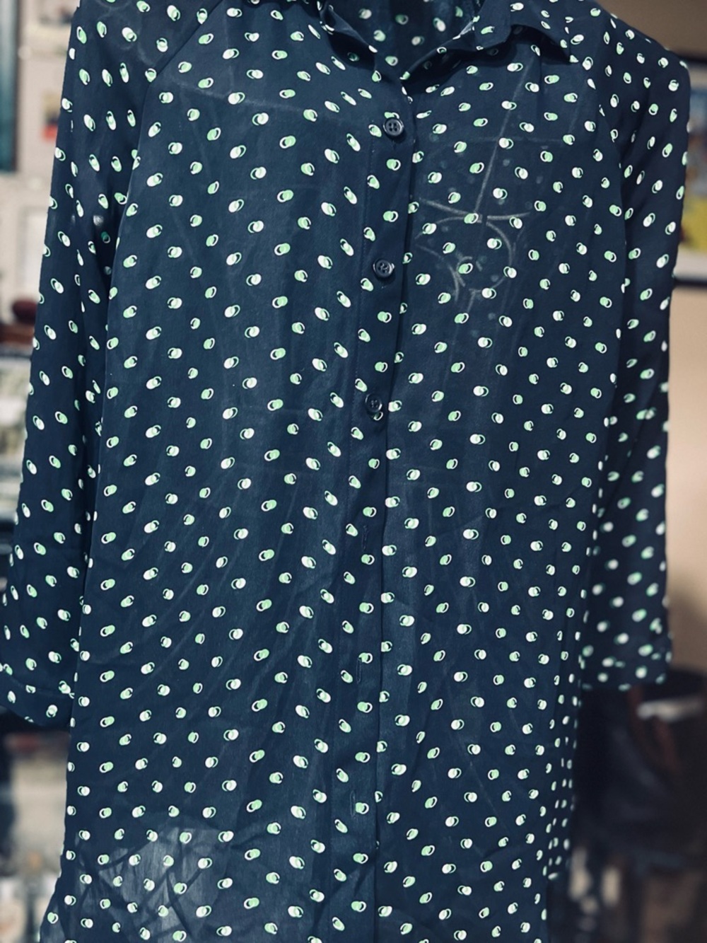 CAbi Navy Shirt with Mint Dot Motif, 6 buttons , cuffed sleeve,lightweight